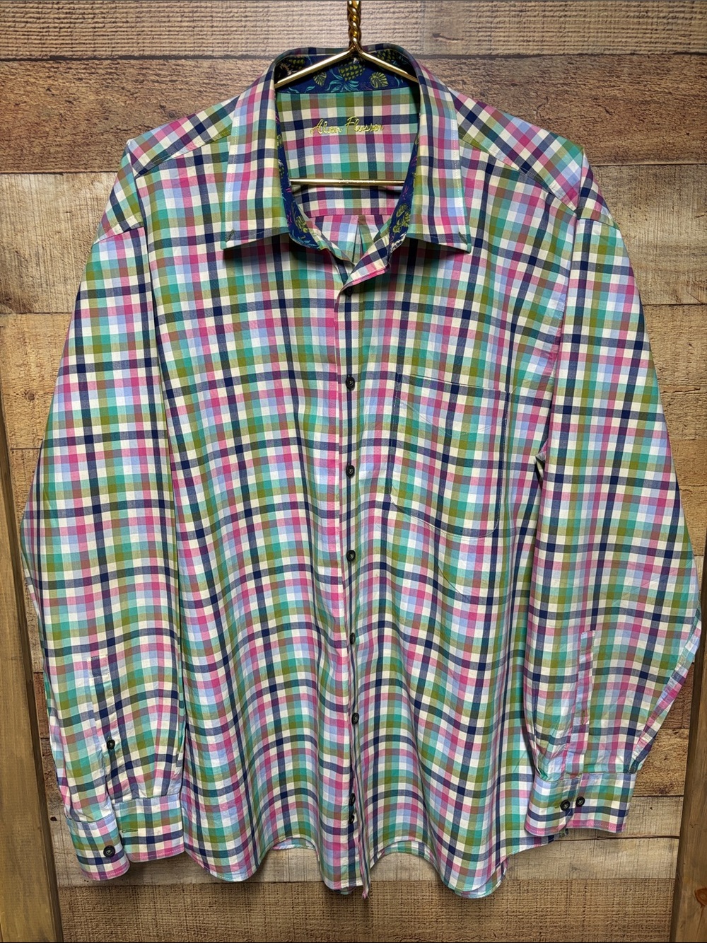 Alan Flusser Green, Blue, Pink & White Plaid Button-Down Shirt